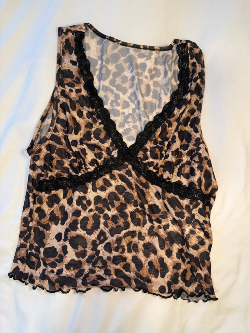 Leopard Mesh Lace Trim Tank Top